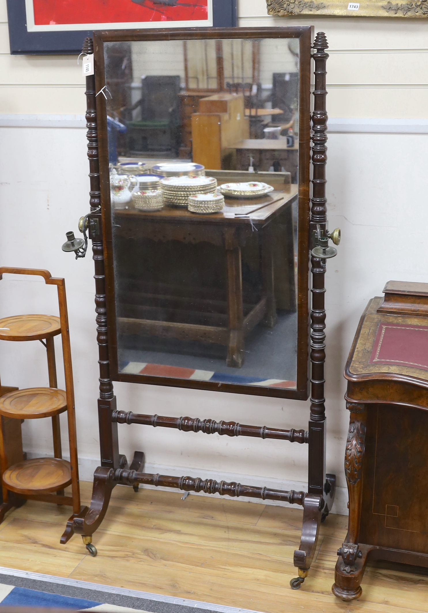 A Regency style mahogany cheval mirror, width 80cm, height 158cm